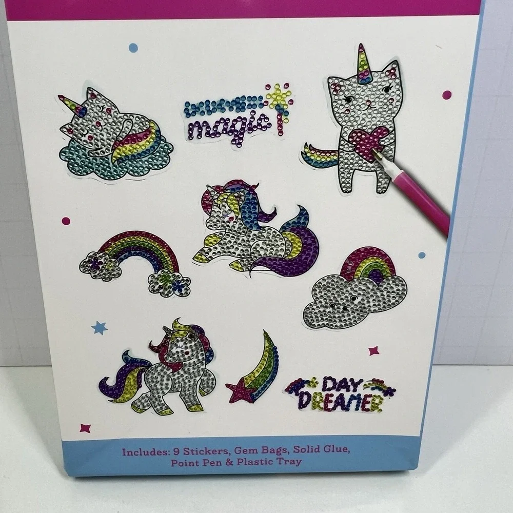 Unicorn Diamond Painting Sticker Kit Kids Craft DIY Gem Art Rainbow Kitty Clouds